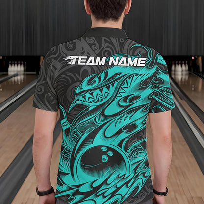 Custom Black And Blue Tribal Polynesian Bowling Team Men Polo Shirts, Niho Mano Bowling Shirt IPHW8813
