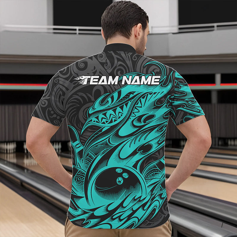 Custom Black And Blue Tribal Polynesian Bowling Team Men Quarter-Zip Shirt, Niho Mano Bowling Shirt IPHW8813