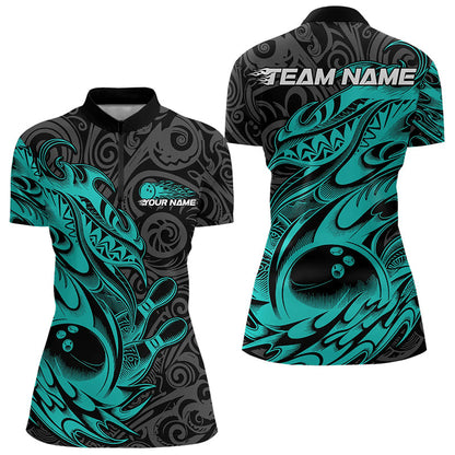 Custom Black And Blue Tribal Polynesian Bowling Team Women Quarter-Zip Shirts Team Uniform IPHW8813