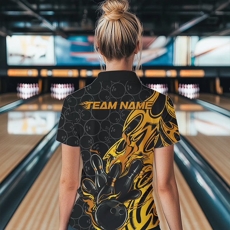 Custom Black And Yellow Tribal Flame Bowling Team Women Polo Shirt, Bowling Pattern Outfits IPHW8815