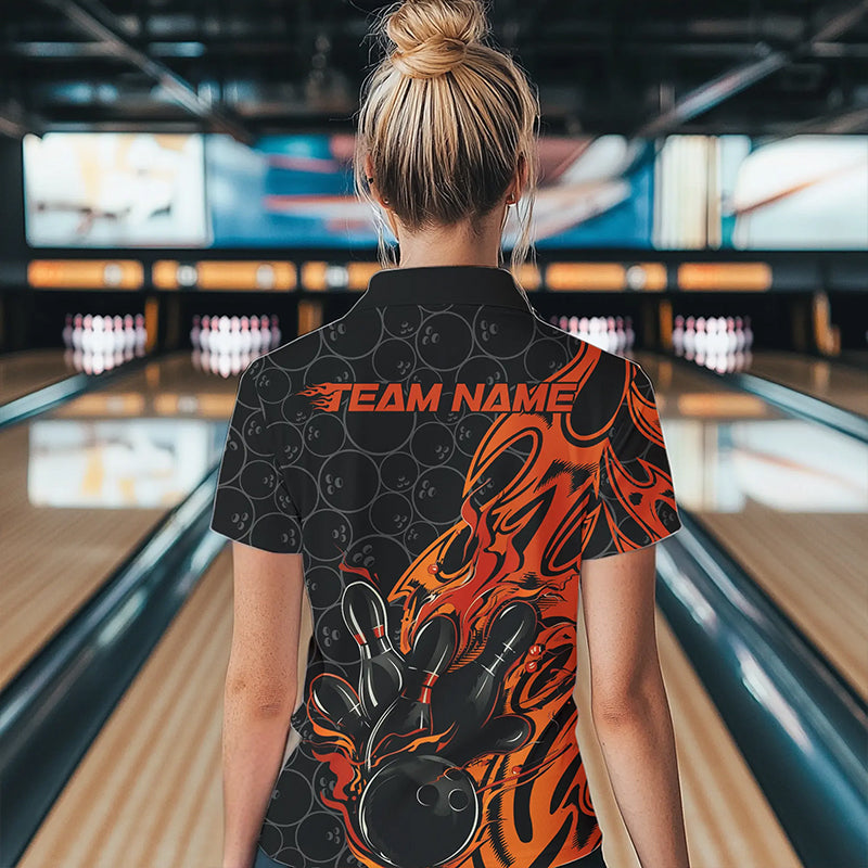 Custom Black And Orange Tribal Flame Bowling Team Women Polo Shirt, Bowling Pattern Outfits IPHW8816