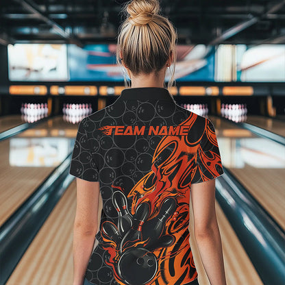 Custom Black And Orange Tribal Flame Bowling Team Women Quarter-Zip Shirts, Bowlers Outfits IPHW8816