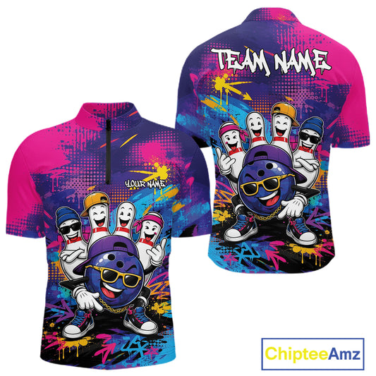 Front and back views of a short-sleeve quarter zip bowling jersey featuring a colorful graffiti-style design with cartoon bowling pins and bowling pins characters. 