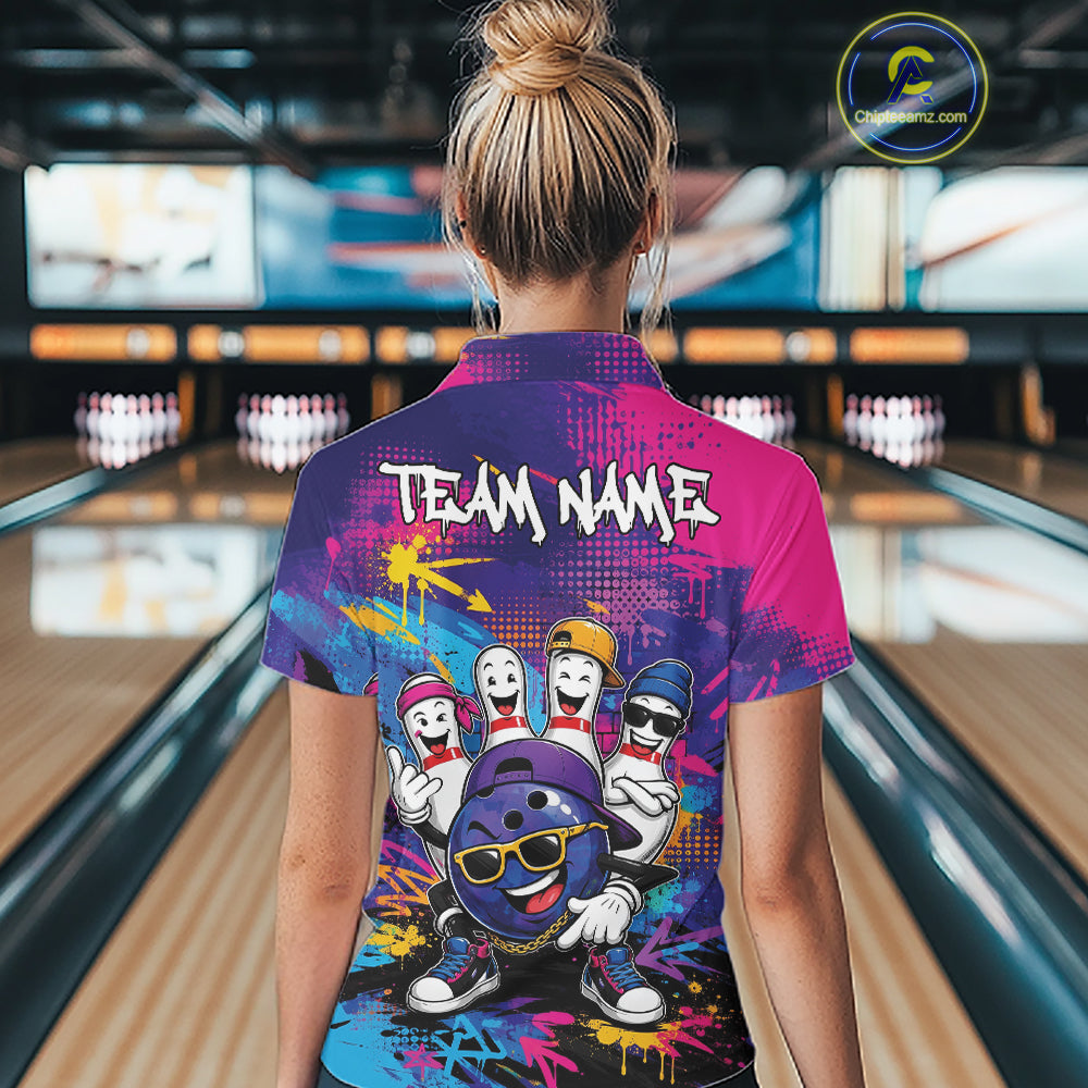 Custom Funny Colorful Hiphop Bowling Women Quarter-Zip Shirt, Graffity Bowling Jerseys IPHW11801