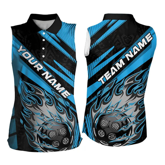 Black And Blue Custom Flame Pickleball Women's Sleeveless Polo Shirts, Pickleball Jerseys IPHW8102