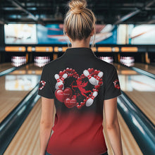 Load image into Gallery viewer, Black And Red Custom Valentines Day Bowling Polo Shirts For Women, Bowling Couple Shirt IPHW8334