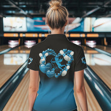 Load image into Gallery viewer, Black And Blue Custom Valentines Day Bowling Polo Shirts For Women, Bowling Couple Shirt IPHW8335