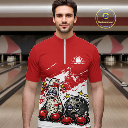 Male model at a bowling lane wearing a red and white quarter-zip shirt, playful boxing bowling ball and pin artwork with bold sporty tone.