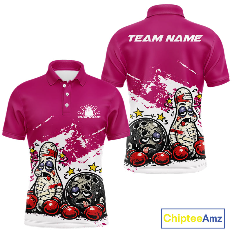 Front and back view of a men’s polo shirt mockup in pink and white, featuring boxing-style bowling ball and pin cartoon illustration.
