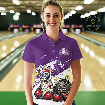 Female model at a bowling lane wearing a purple and white polo shirt, playful boxing bowling strike illustration with energetic style.