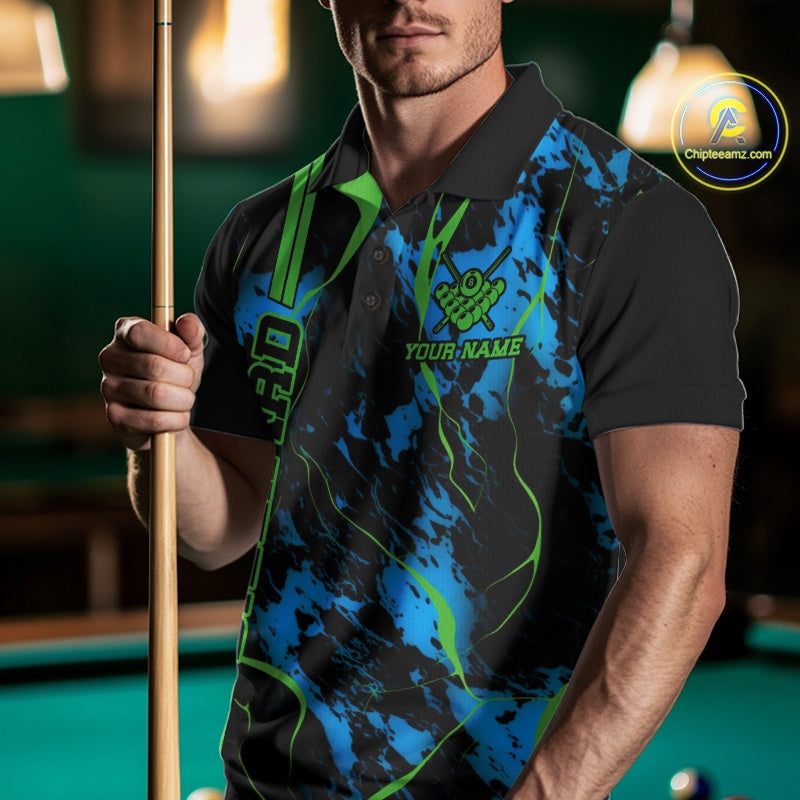 Front view of a male model wearing a polo shirt with flaming billiard 8 ball artwork on a blue and green abstract background.