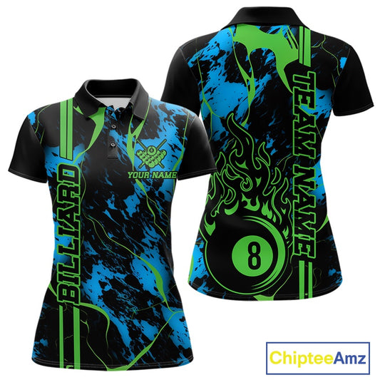 Front and back women’s polo shirt mockup featuring a flaming billiard 8 ball motif over a blue and green abstract background.
