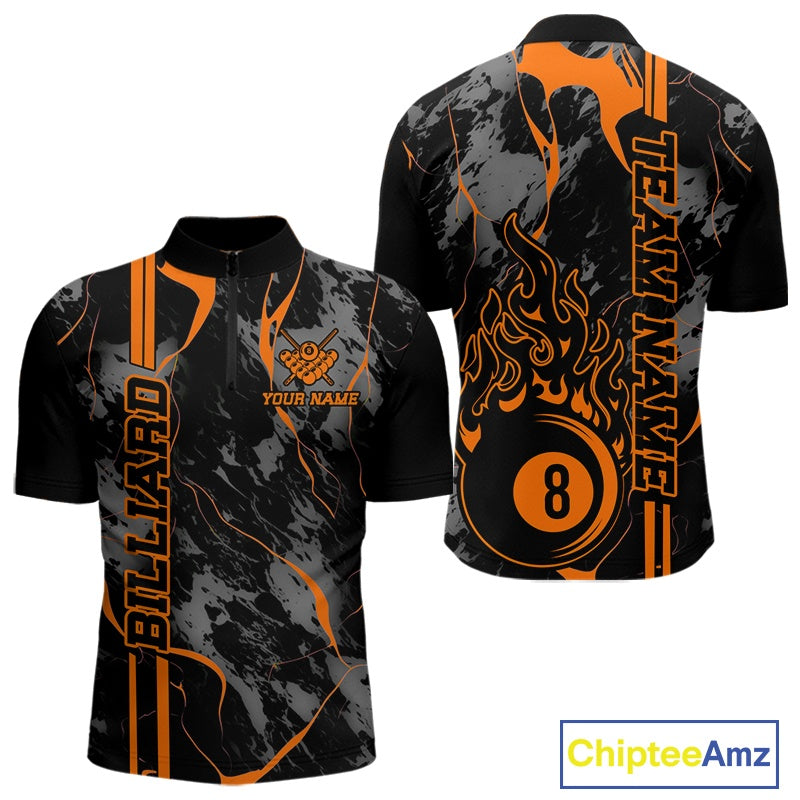 Men’s Billiard quarter zip shirt mockup shown front and back featuring a flaming billiard 8 ball motif over a blue and green abstract pattern.