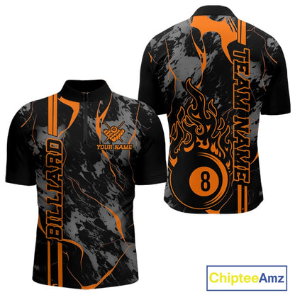 Men’s Billiard quarter zip shirt mockup shown front and back featuring a flaming billiard 8 ball motif over a blue and green abstract pattern.