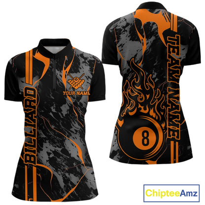 Women’s Billiard quarter zip mockup shown front and back featuring a flaming billiard 8 ball motif over a blue and green abstract design.