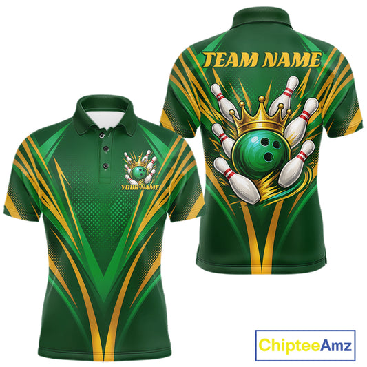 Custom bowling-themed short-sleeve polo shirt shown from both front and back. The shirt is dark green with yellow and lighter green graphic stripes, featuring a large bowling ball and pins design on the back with 'TEAM NAME'.