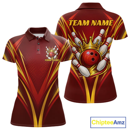 Custom Red And Gold Crowned Bowling Ball Bowling Queen Bowling Team Women Polo Shirt IPHW11813