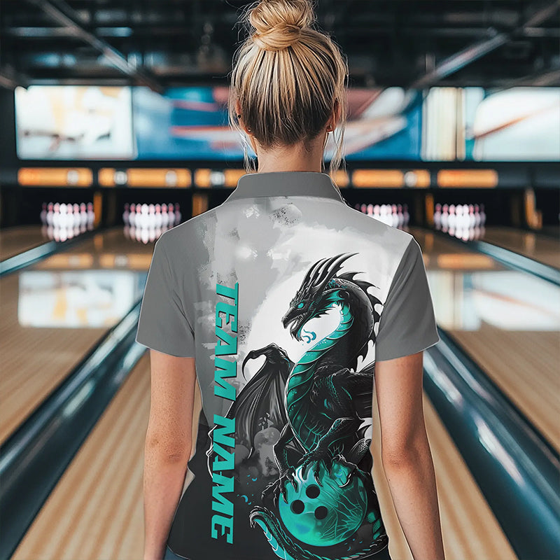 Black And Turquoise Blue Custom Dragon Bowling Polo Shirts For Women, Bowling Team Shirts IPHW8820