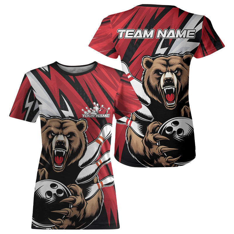 Personalized Bear Bowling T-Shirts For Women, Bear Bowling Team Red Bowling League IPHW8827