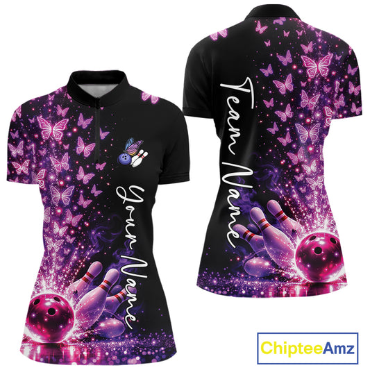 Custom Pink And Purple Butterfly Women Bowling Quarter-Zip Shirt, Bowling League Shirt IPHW10904
