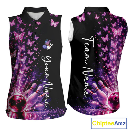 Custom Pink And Purple Butterfly Women Bowling Sleeveless Polo Shirt, Bowling League Shirt IPHW10904