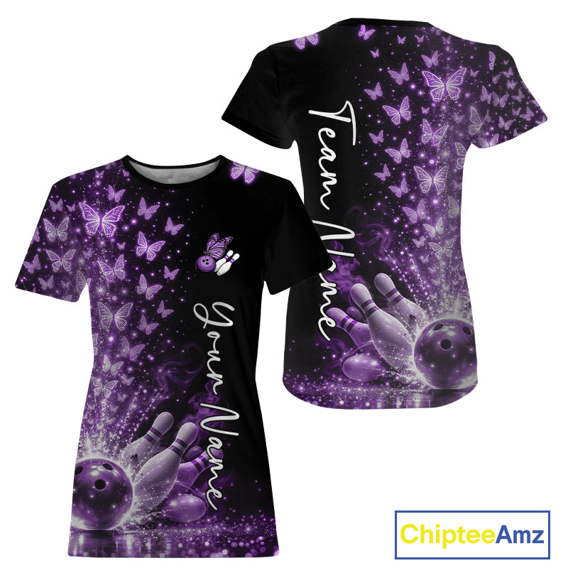 Custom Purple Butterfly Women Bowling T-Shirts, Bowling League IPHW10905