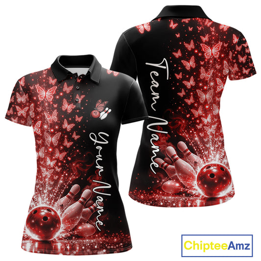 Custom Red Butterfly Women Bowling Polo Shirt, Bowling League Shirt IPHW10907