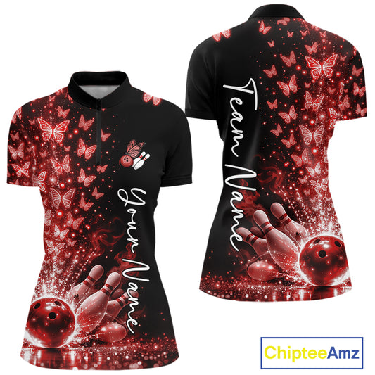 Custom Red Butterfly Women Bowling Quarter-Zip Shirt, Bowling League Shirt IPHW10907