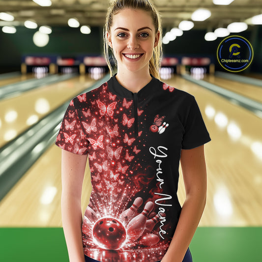 Custom Red Butterfly Women Bowling Quarter-Zip Shirt, Bowling League Shirt IPHW10907