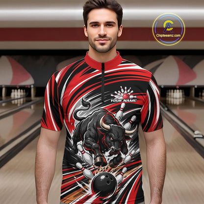 Custom Black And Red Angry Bull Bowling Jerseys, Bowling Team League Men Quarter Zip Shirt IPHW11818