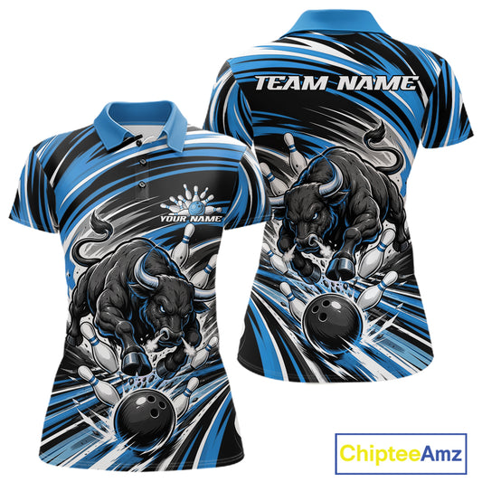Front and back views of a short-sleeve polo shirt with a blue, black, and white bowling bull graphic, featuring customizable text placeholders 'TEAM NAME' and 'YOUR NAME'.