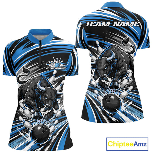 Front and back views of a womens short-sleeve athletic quarter-zip shirt featuring a dynamic black bull graphic with bowling pins and bowling balls on a blue, black, and white abstract background. The front has a blue collar and a small customizable name graphic, while the back has a large 'TEAM NAME' placeholder.