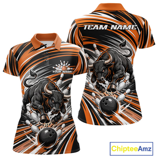 Front and back views of a womens short-sleeve polo shirt with a red, black, and white bowling-themed bull graphic, customizable text placeholders, and a ChipteeAmz logo in the bottom right corner.
