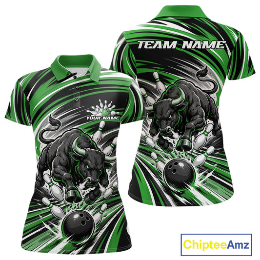 Custom short-sleeve polo shirt shown from the front and back, featuring a bold green, black, and white bowling bull graphic with bowling balls and pins. The front displays 'YOUR NAME' and the back displays 'TEAM NAME' in white text.