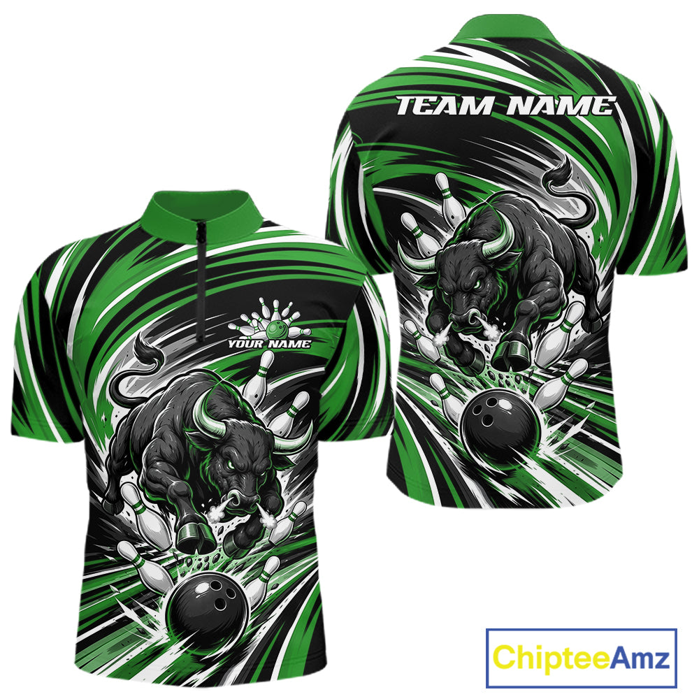 Custom Black And Green Angry Bull Bowling Jerseys, Bowling Team League Men Quarter Zip Shirt IPHW11821