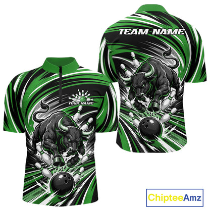 Custom Black And Green Angry Bull Bowling Jerseys, Bowling Team League Men Quarter Zip Shirt IPHW11821