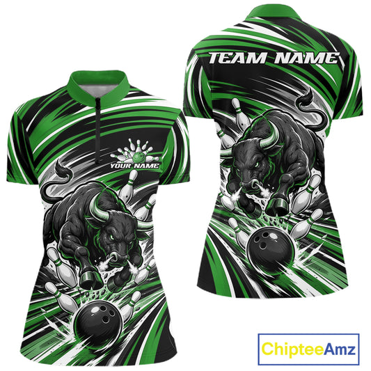 Front and back views of a short-sleeve bowling-themed polo shirt with a green, black, and white bull graphic, bowling ball and pins, and customizable text placeholders on a white background.
