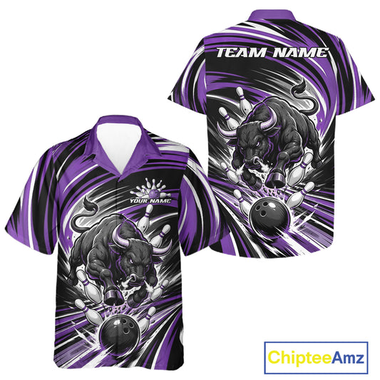 Front and back views of a short-sleeve bowling-themed camp shirt with a purple, black, and white bull graphic, bowling pins, and bowling balls on a white background. Includes 'TEAM NAME' and 'YOUR NAME' text placeholders.