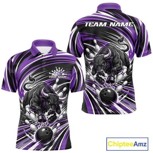 Front and back views of a short-sleeve polo shirt featuring a black bull bowling graphic on a purple, black, and white abstract background. The front shows a bowling pin cluster and a bowling ball, with customizable text placeholders.