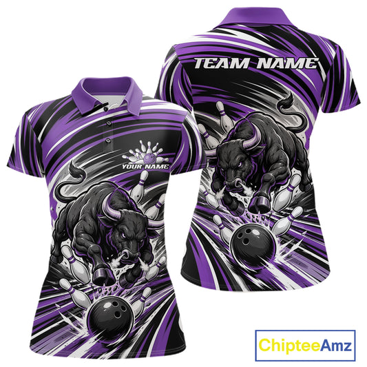Front and back views of a short-sleeve polo shirt with a purple, black, and white bull bowling graphic. The front features a purple collar and a custom name print on the chest, while the back displays 'TEAM-NAME' across the shoulders.