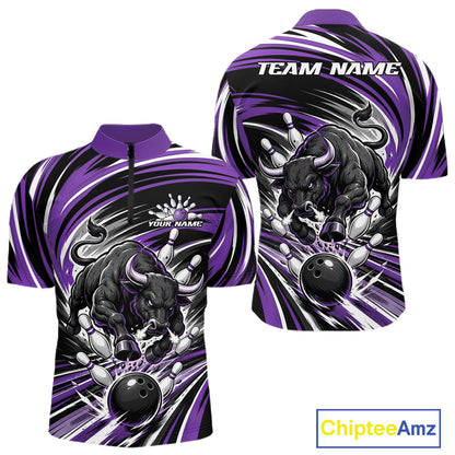 Custom Black And Purple Angry Bull Bowling Jerseys, Bowling Team League Men Quarter Zip Shirt IPHW11822