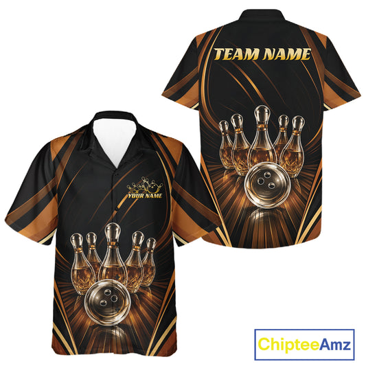 Front and back views of a short-sleeve bowling-themed polo shirt on a white background. The shirt features a black base with metallic gold and brown graphic elements depicting bowling pins that resemble wine bottles, a bowling ball, and radial light streaks.