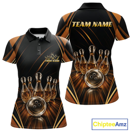 Custom bowling-themed short-sleeve polo shirt shown from the front and back. The design features a black base with metallic gold and brown diagonal stripes, realistic 3D bowling pins that resemble wine bottles, a bowling ball, and customizable text placeholders 'TEAM NAME' and 'YOUR NAME'.