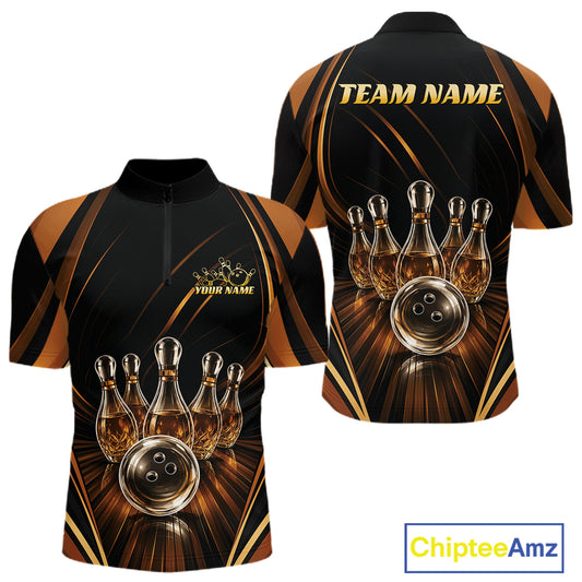 Front and back views of a custom bowling-themed short-sleeve quarter-zip shirt. The design features a black base with metallic gold and brown abstract streaks, a graphic of bowling pins that resemble wine bottles and a bowling ball, and customizable text placeholders 'YOUR NAME' and 'TEAM NAME'.