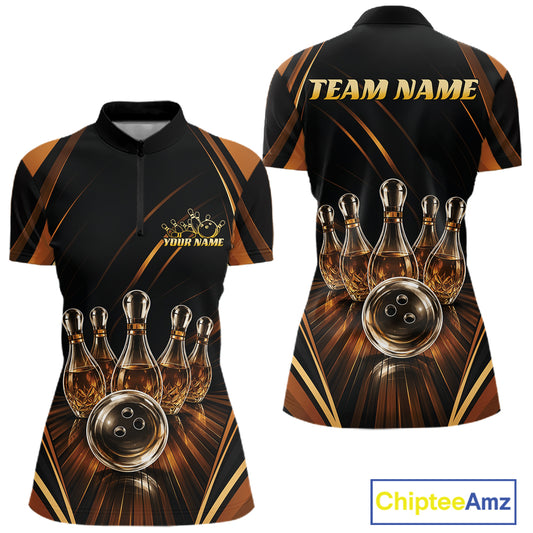 Front and back views of a women's short-sleeve bowling-themed quarter zip shirt. The design features a black base with metallic gold and bronze geometric stripes, detailed graphics of bowling pins that resemble wine bottles and a bowling ball