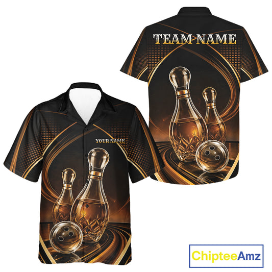 Custom bowling-themed short-sleeve button-up shirt shown in front and back views. The shirt features a black base with metallic gold abstract swirls and a graphic of three crystal-glass bowling pins and a bowling ball.