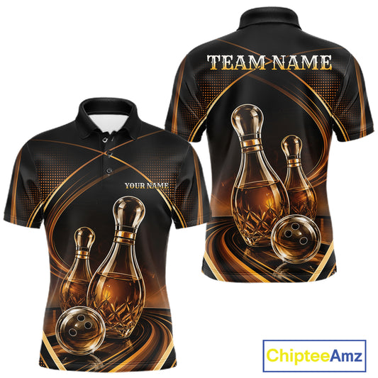 Front and back views of a black short-sleeve polo shirt with a bowling-themed graphic print in gold and brown, featuring bowling pins that resemble wine bottles, bowling ball, and customizable text placeholders 'TEAM-NAME' and 'YOUR NAME'.