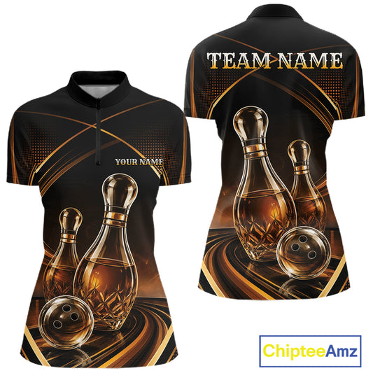 Custom womens short-sleeve polo shirt shown from the front and back, featuring a black and gold bowling-themed graphic with three bowling pins that resemble wine bottles, a bowling ball, and placeholder text 'TEAM-NAME' and 'YOUR NAME'.