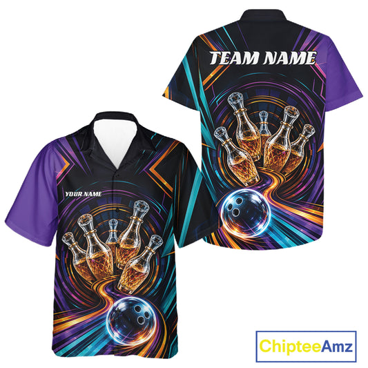 Front and back views of a customizable bowling  short-sleeve button-up shirt. The design features a black base with vibrant purple sleeves, a swirling multicolor neon background, and glowing bowling pins wine crystal bottles and a crystal bowling ball.