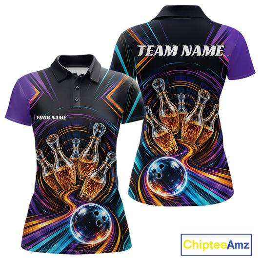 Front and back views of a womens short-sleeve polo bowling shirt on a white background. The shirt features a black base with vibrant purple, teal, orange, and yellow abstract swirls, featuring bowling balls and bowling pins creatively designed to resemble wine bottles.
